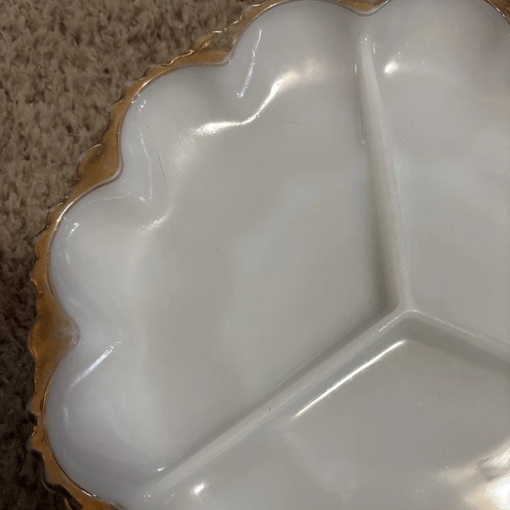 Vintage 3 Section White Milk Glass Serving Plate Relish Dish Tray Gold Trim 10